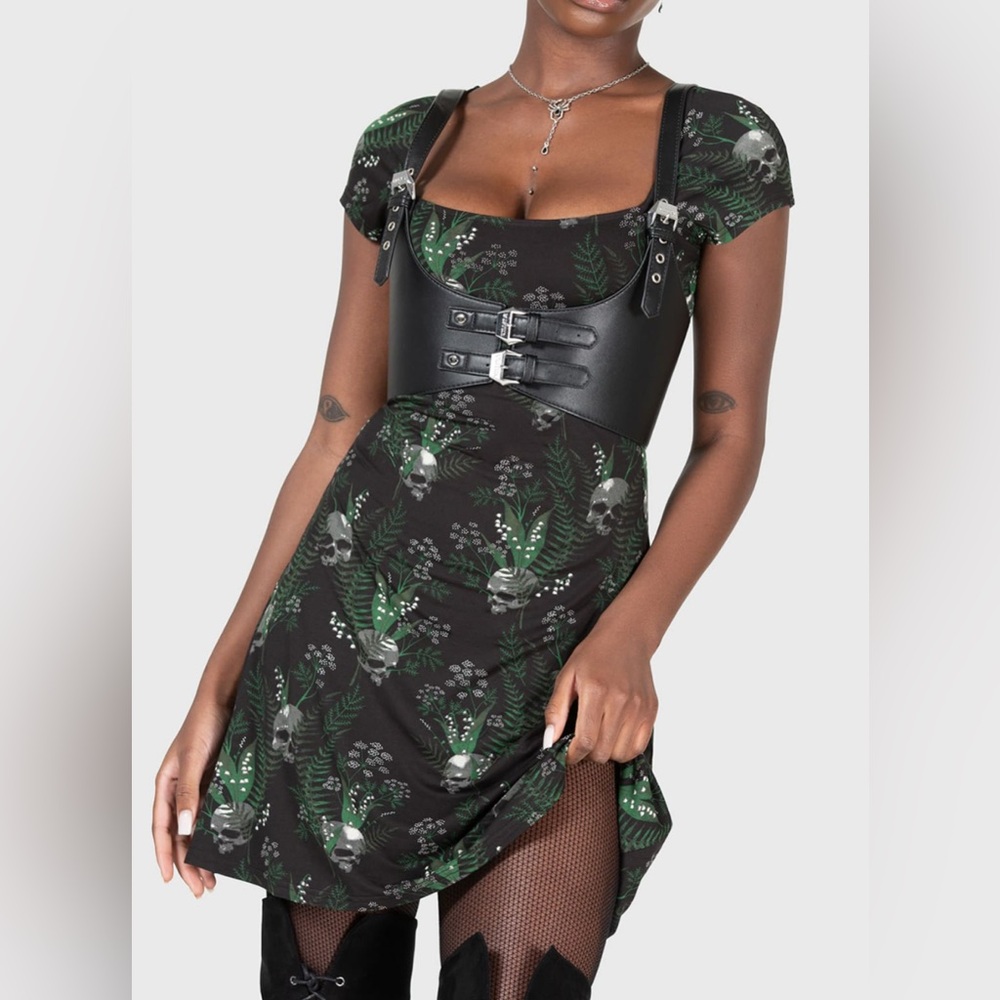 EUC Killstar Mortille Mini Dress Black and Green Skull Print Sz XXL